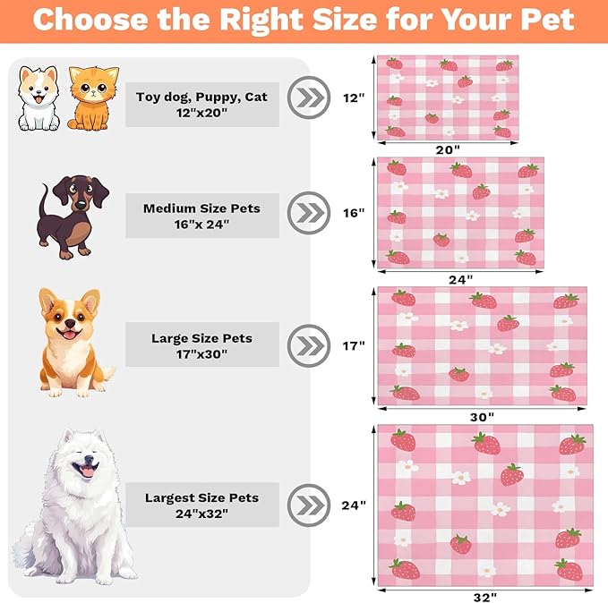 Strawberry Floral Dog Food Mat for Floors Absorbent Dog Bowl Mat for Food and Water Dispenser Quick Dry Cat Food Placemat Pet Supplies 17" x 30", Pink Plaid