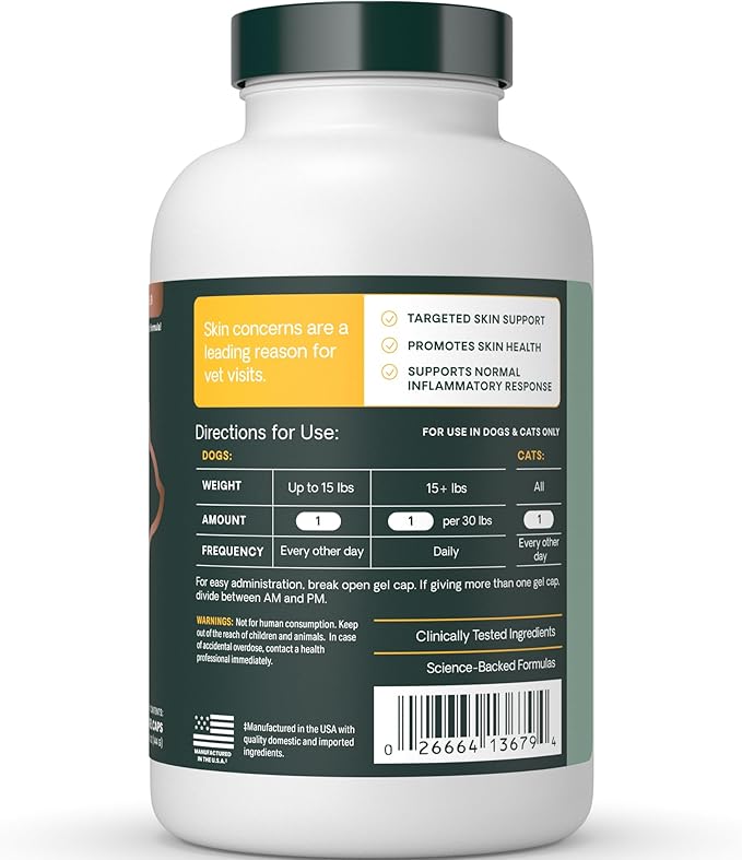 VetriScience Omega Healthy Skin Capsules, Omega 3.6.9 Fish Oil Supplement for Dogs and Cats, Skin Health, Coat Growth, Reduce Shedding, Over 750 mg Omega Fatty Acids per Capsule, Gel Caps, 90 Count
