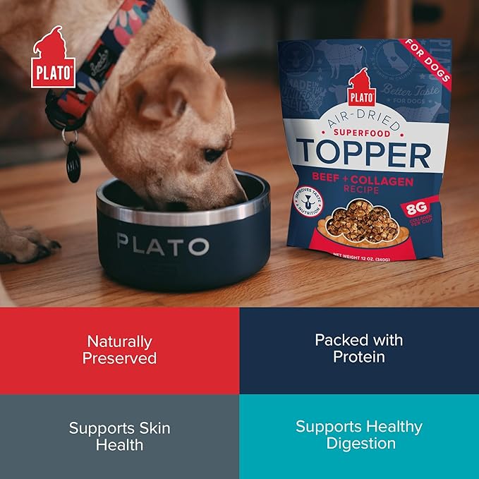 Plato Pet Treats Dog Food Toppers - Air-Dried Dog Food Toppers for Dry Food - with Collagen to Support Skin and Coat Health - Beef and Collagen Recipe 12oz