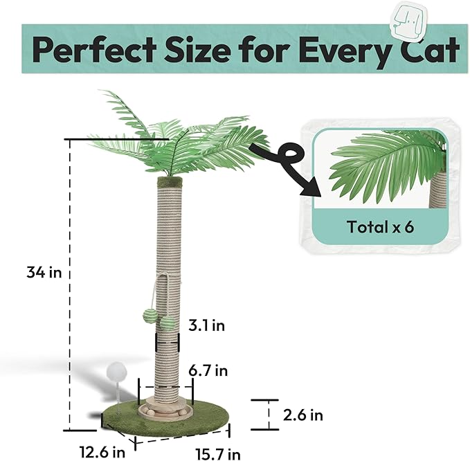 Cat Scratching Post 34 Inch with Rotating Turntable and Removable Hanging Ball, Cat Scratcher for Indoor Cats, Ultra Stable Base, Paw-FGreen Baseriendly Jute Material, Green Base