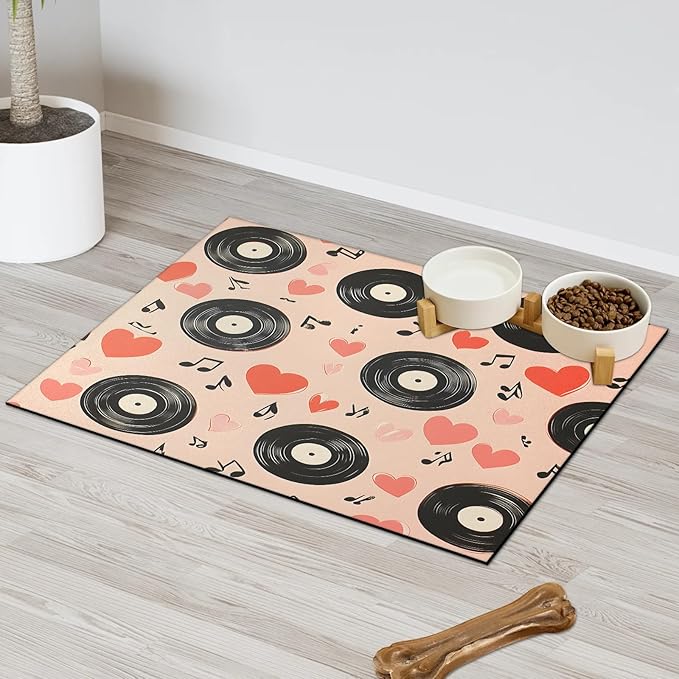 Music Records Dog Food Mat for Floors Absorbent Dog Bowl Mat for Food and Water Dispenser Quick Dry Cat Food Placemat Pet Supplies 24" x 32", Black Note