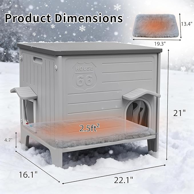 Rockever Waterproof Cat House for Outdoor Cats, Insulated Outdoor Cat House with Soft Mat, Elevated Feral Cat House Outdoor Indoor, Safe Escape Door, Spacious and Clean Easily(M,Grey with Mat)