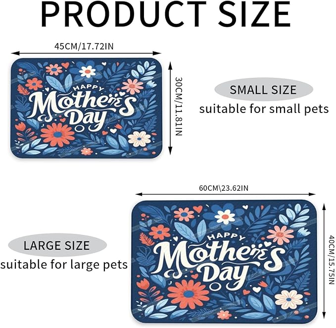 Pet Feeding Mat Absorbent Dog Mat for Food Water Bowl No Stains Quick Dry Water Dispenser Mats Happy Mother's Day Floral Gift Mom Navy Dog Accessories Pet Supplies Bowl for Messy Drinkers 18X12In