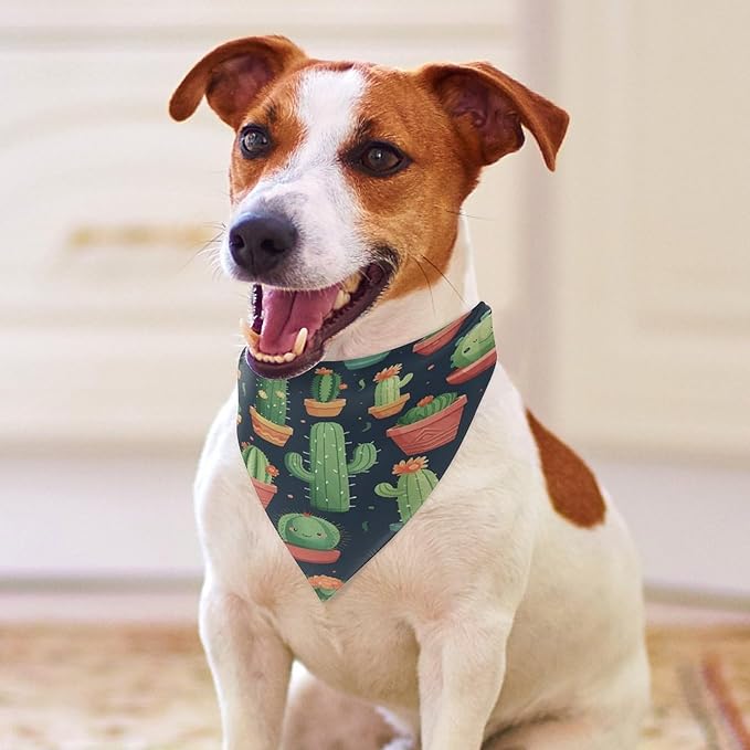 Dog Bandana Spring Pet Scarf Adjustable Triangle Cute Cactus Seamless Illustration Printing Dog Bib Washable Polyester Puppy Bandana for Small Medium Large Dogs Cat Birthday Party Supplies