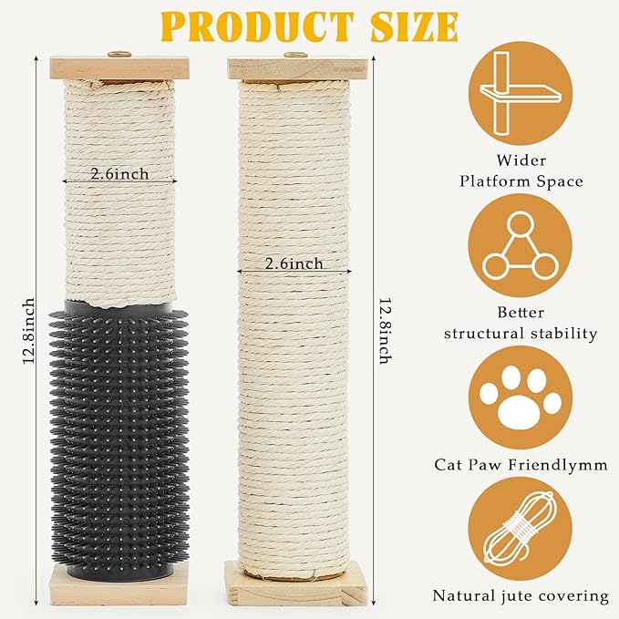 Aliceset 3 Pack Cat Scratching Post for Crate Cage 13 Inch Wooden Sisal Cage Mounted Scratching Post with Self Groomer and Massager for Grinding Claws and Climbing