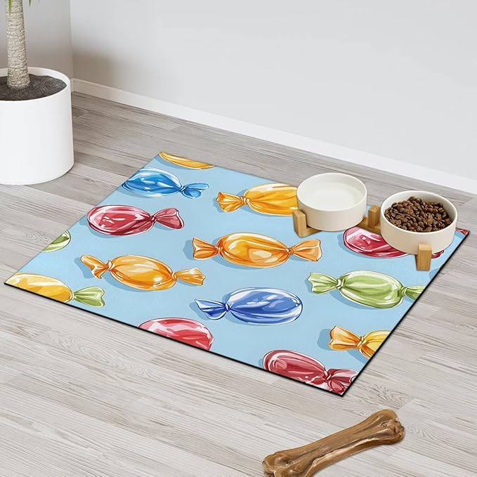 Sugar Candy Dog Food Mat for Floors Absorbent Dog Bowl Mat for Food and Water Dispenser Quick Dry Cat Food Placemat Pet Supplies 24" x 32", Sweet Food