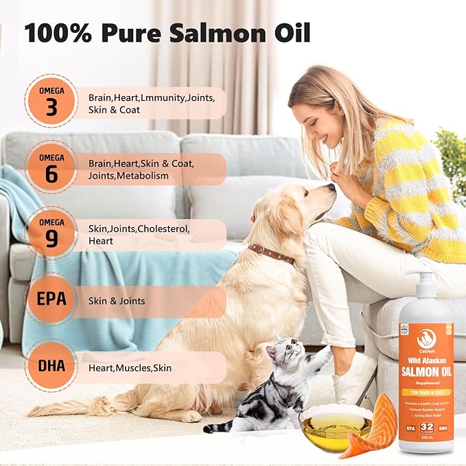 Wild Salmon Oil for Dogs & Cats 32oz Omega 3 Fish Oil Skin & Coat Supplement Pure Fish Omega 3 6 9 Liquid EPA DHA Fatty Acids - Itchy Relief Supports Joint Function, Brain, Eye, Immune & Heart Health