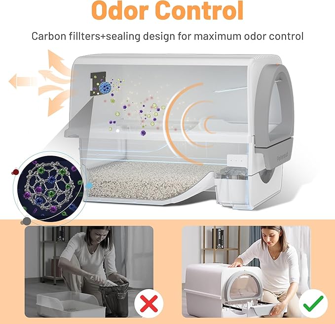 Large Self Cleaning Cat Litter Box for Multiple Cats, Semi Auto Kitty Litter Box with Lid, NoSmell Pull and Scoop Self Cleaning, White & Grey