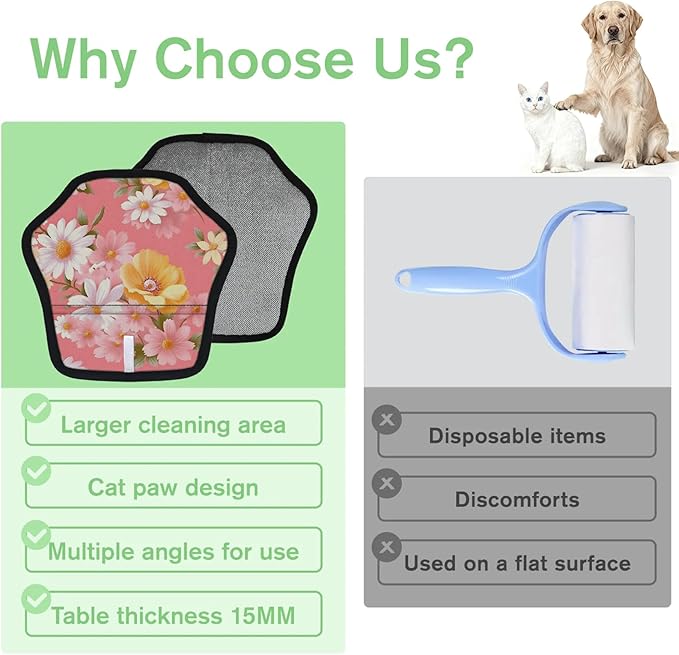 Reusable Pet Hair Removal Glove Daisy Blooming Floral Magic Brush for Cat & Dog Hair Remover for Car, Sofa, Bedding, Clothes - 9x9 Mitt Washable