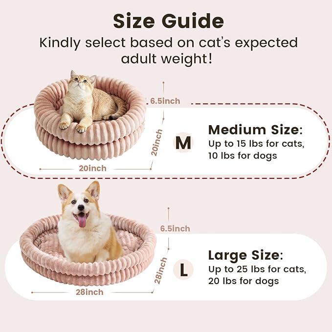 Cat Beds for Indoor Cats, Machine Washable Orthopedic Donut Dog Bed for Small Dogs, Fluffy Warm Thermal Round Pet Bed with Anti-Slip Bottom for Puppy and Kitten, Dark Pink, 20"x20"x6.5"