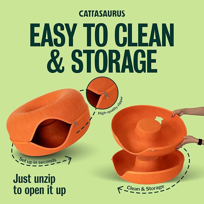 Cattasaurus Peekaboo Cat Cave Donut for Multiple & Large Cats up to 30-45 lbs, 3-in-1 Self Warming Cat Bed, Tunnel & Scratcher for Indoor Cats, Washable & Detachable Small Dog Bed (Orange, Large)