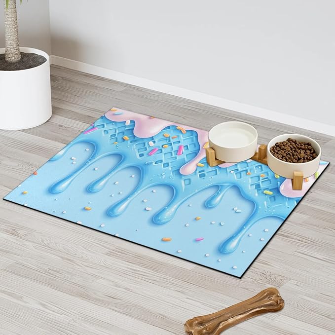 Ice Cream Dog Food Mat for Floors Absorbent Dog Bowl Mat for Food and Water Dispenser Quick Dry Cat Food Placemat Pet Supplies 16" x 24", Colorful Candy