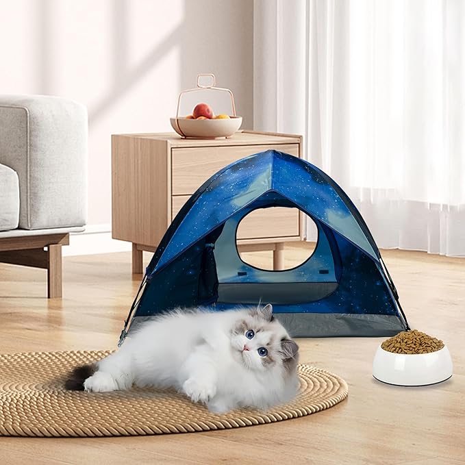 Outdoor Waterproof Pet Camping Tent, Cave Bed for Indoor Cats and Small Dogs, Portable Cat House Dog House, 21.6x21.6x14.9'', Navy Blue, S. (The Pole has Been Improved)