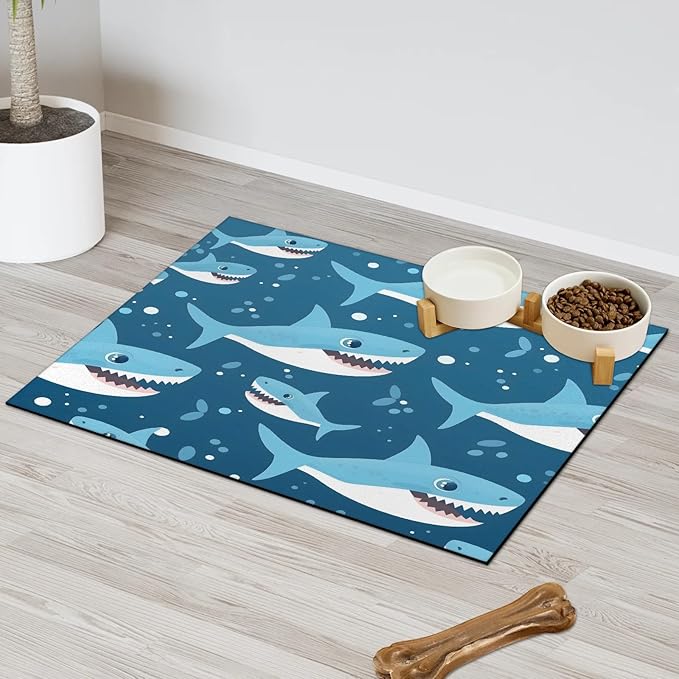 Cartoon Shark Dog Food Mat for Floors Absorbent Dog Bowl Mat for Food and Water Dispenser Quick Dry Cat Food Placemat Pet Supplies 17" x 30", Ocean Sea