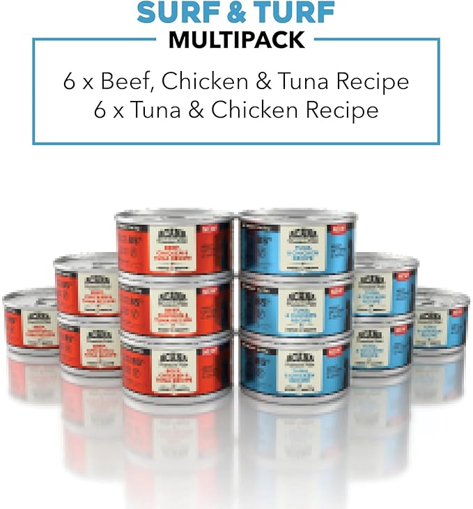 ACANA Premium Pate Wet Cat Food in Bone Broth Variety Pack: Surf and Turf – Beef Chicken & Tuna + Tuna & Chicken Recipes 3oz Cans (12 Count, 6 of Each)