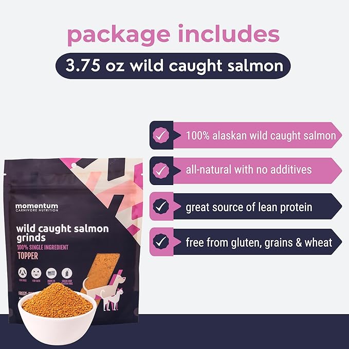 Momentum Carnivore Nutrition Freeze-Dried Wild-Caught Salmon Pet Food Topper – Single-Ingredient, All-Natural Topper – High-Protein for Dogs and Cats, Grain-Free and Made in The USA– (3.75 oz Bag)