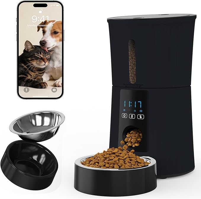 NEWBULIG Automatic Cat Feeder, 4L Timed Pet Feeders with 10s Voice Recorder, Dog Food Dispenser with APP Control, Dry Food, 10 Meals, Programmable 50 Portions, Dual Power Supply, Desiccant Bag