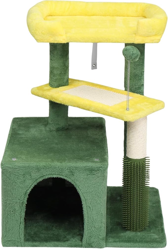 27.5in Plush Cat Tree, Multi-Level Cat Tower with Scratching Post and Pad, Cozy Condo & Padded Perch, Dangling Ball for Kittens and Indoor Cats, Compact Cat Furniture for Small Spaces (Yellow & Green)