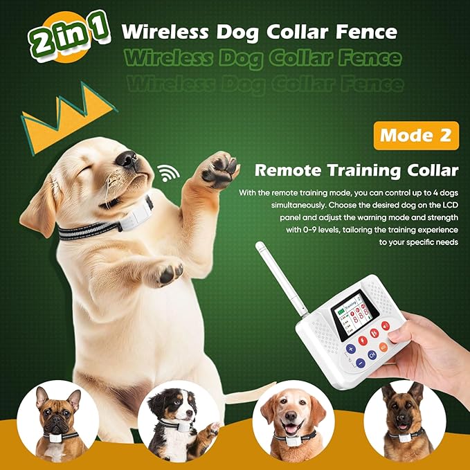 Wireless Dog Fence, 2026Electric Fence for Dog & Training Collar with Big LCD Screen, Portable Pet Wireless Fence with 2.4GPFC Antenna, Waterproof & Adjustable Dog Perimeter Collar (2 Dog System)