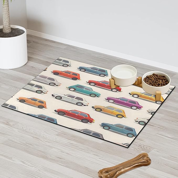 Colorful Cars Dog Food Mat for Floors Absorbent, Quick Dry Water Dispenser Mat for Food, Water, Pet Supplies 12" x 20", Cartoon Car