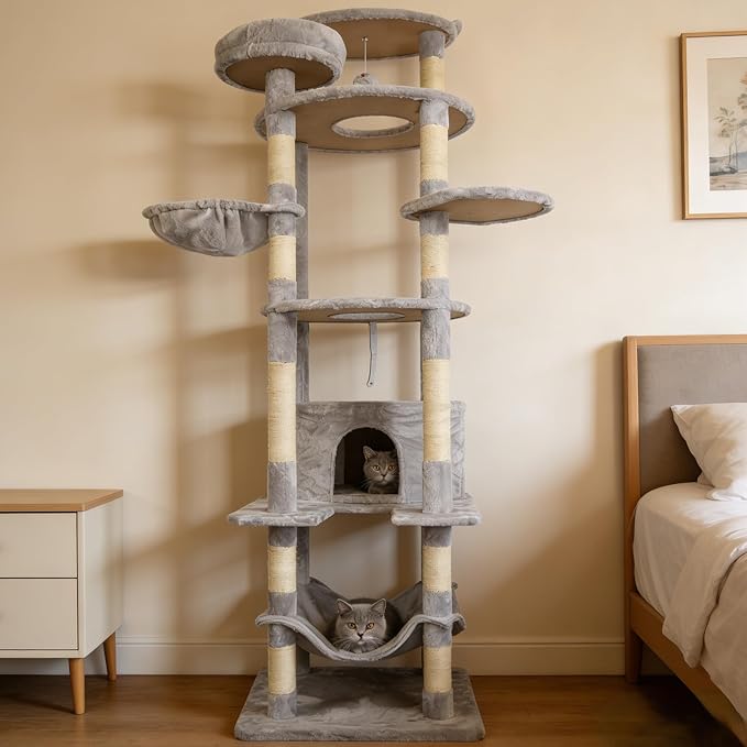 78.8 Inches Cat Tower for Indoor Cats, Cute Cat Tree with Cozy Condo, Platform, Hammock, Sisal Scratch Board and Interactive Toy (Light Gray)