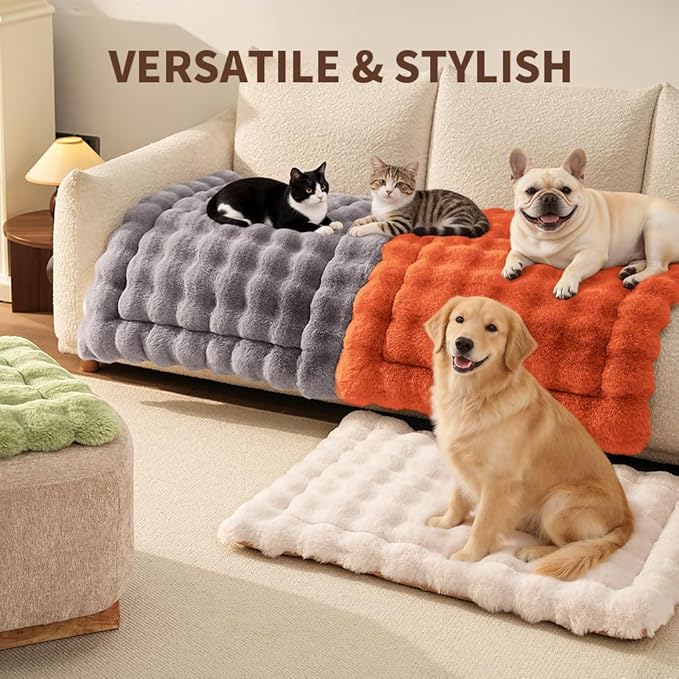 Self-Warming Cat Bed, Plush Faux Fur Pet Bed Mat with Anti-Slip Bottom, Ultra Soft Heated Bed for Cats & Medium Dogs, Cozy Fluffy Pad for Couch & Crate, Machine Washable, 27x20 Inch Orange