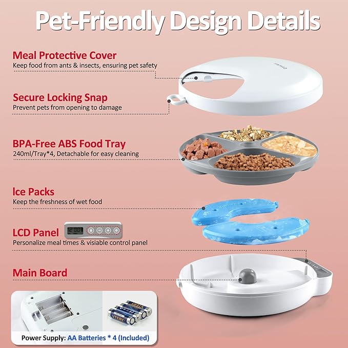 QXQIN Automatic Cat Feeder Wet Food, 4 Meals Cordless Auto Refrigerated Pet Feeder with 2 Ice Packs & Meal Cover, Programmable Timer & 4PCS AA Batteries Included for Cats Small Dogs-ABS Food Tray