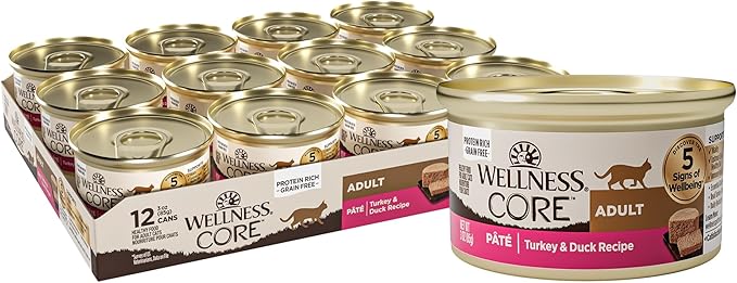 Wellness CORE Pate Adult Wet Cat Food, Natural, Protein-Rich, Grain Free, 3 Ounce, 12 Pack (Turkey & Duck)