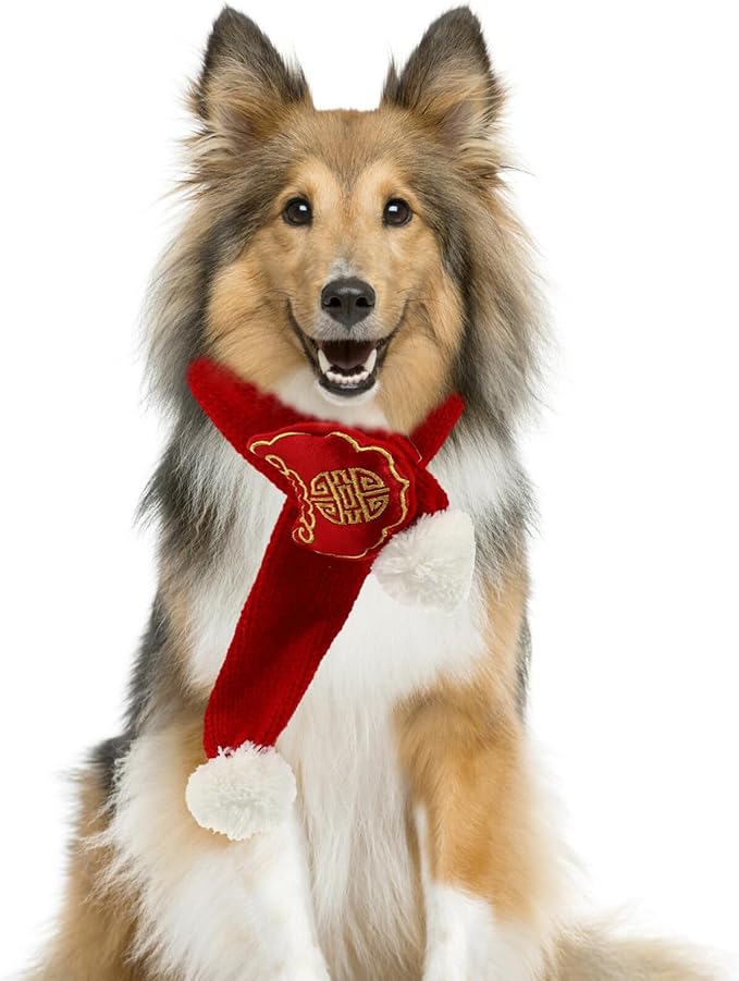 Festive Pet Scarf Cotton New Year Bandana Red M for Dogs and Puppies Chinese Style Holiday Pet Supplies