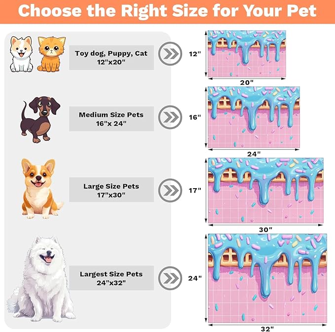 Ice Cream Dog Food Mat for Floors Absorbent Dog Bowl Mat for Food and Water Dispenser Quick Dry Cat Food Placemat Pet Supplies 24" x 32", Pink Blue
