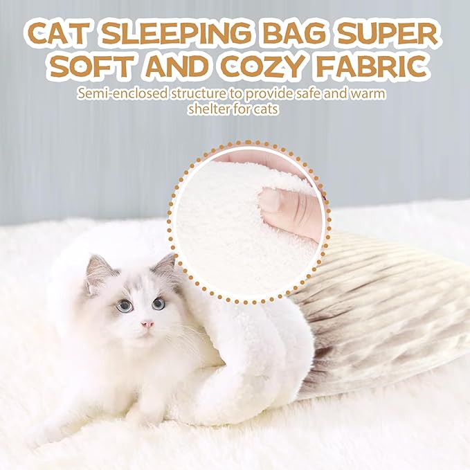 Cat Sleeping Bag Bed, Winter Soft Plush Sack Self Warming Cave Bed for Indoor Cats, 360°Wrap Comfortable Pet Snuggle Sack, Soft Plush Large - Size L (Brown)