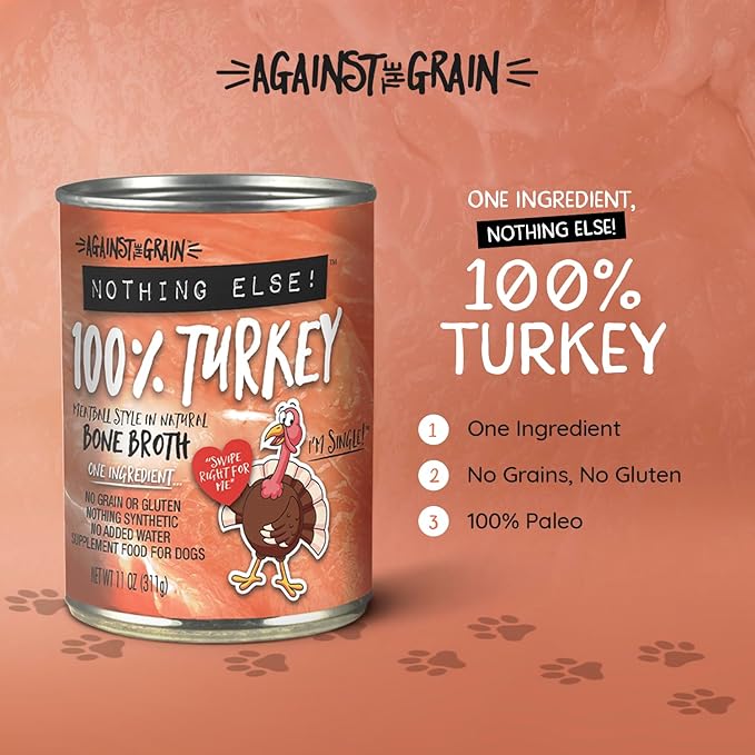 Evanger's Against The Grain Nothing Else! 100% Turkey Dog Food – 12 Count, 11 oz Each – Single-Ingredient Meatball Texture in Natural Broth – Wet Dog Food – Grain & Gluten Free