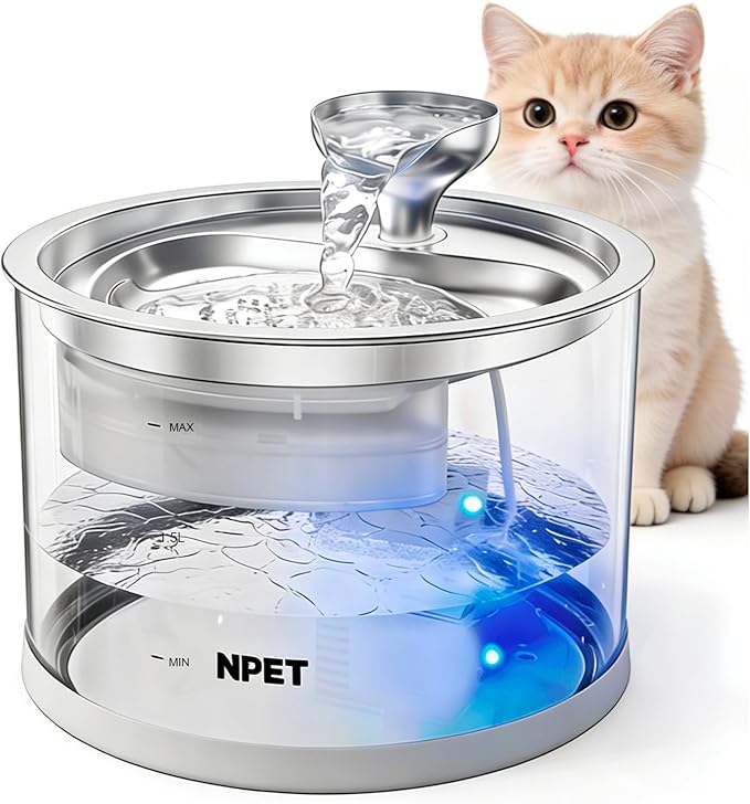 NPET N280 Cat Water Fountain Glass, 95oz/2.8L Automatic Pet Fountain Dog Stainless Steel Tray, Water Dispenser for Cats, Dogs, Multiple Pets (Water Fountain + 1 Filters)