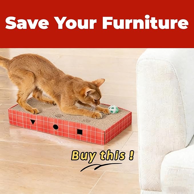 Cat Scratcher Cardboard 3-in-1 Interactive Cat Scratching Board with Bell Ball, Double-Sided Durable Corrugated Cat Toy for Indoor Cats