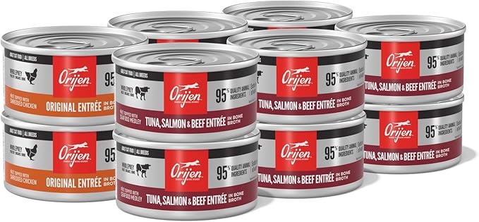 ORIJEN Premium Pate Wet Cat Food Variety Pack: Tuna Salmon & Beef + Original Entrées 3oz Cans (12 Count, 6 of Each)