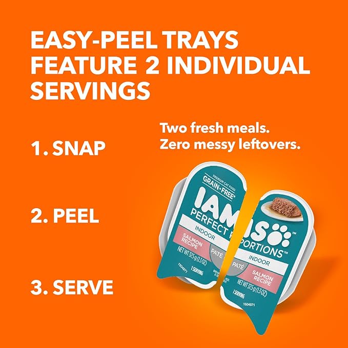 IAMS Perfect Portions Grain Free Wet Cat Food Pate, Healthy Adult Cat Food Wet, Salmon Pate, 2.6 oz. (24 Twin Packs)
