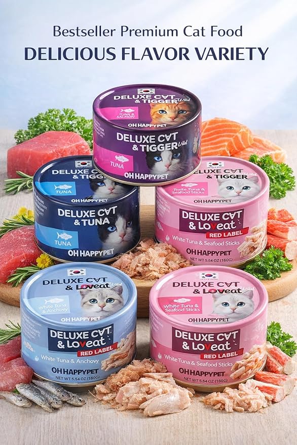 Deluxe Cat & Loveat Grain-Free Wet Cat Food, White Meat Tuna with Vitamins & Taurine, High Protein, No Preservatives, Complete Nutrition, 5.64oz Cans (12, White Tuna & Seafood Sticks)