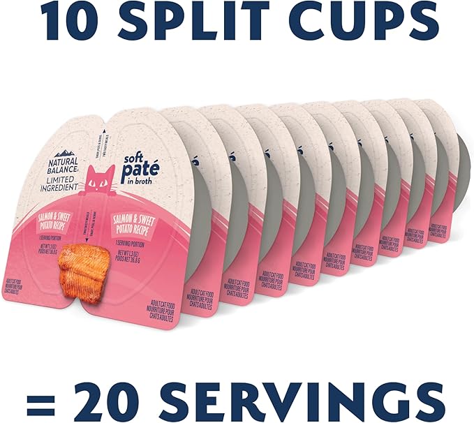 Natural Balance Limited Ingredient Split Cup Salmon & Sweet Potato Soft Pate Wet Cat Food Recipe for Sensitive Stomachs and for Healthy Digestion, 2.6 oz. (Pack of 10)