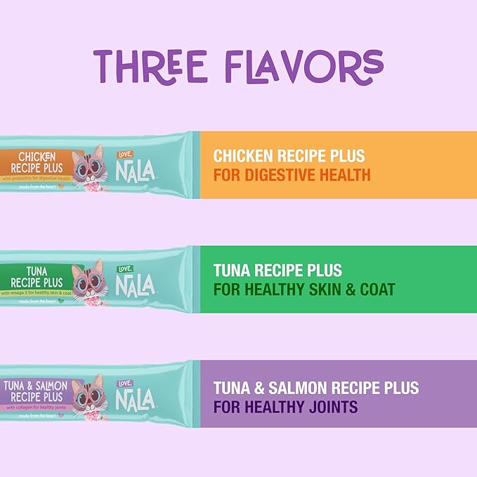 LOVE, NALA Skin & Coat Health – Tuna & Salmon + Collagen Mousse Cat Treats – Lickable Squeeze-Up Puree, Topper or Treat – Grain-Free, 4 Pack – Human-Grade Protein, Non-GMO, No Artificial Additives