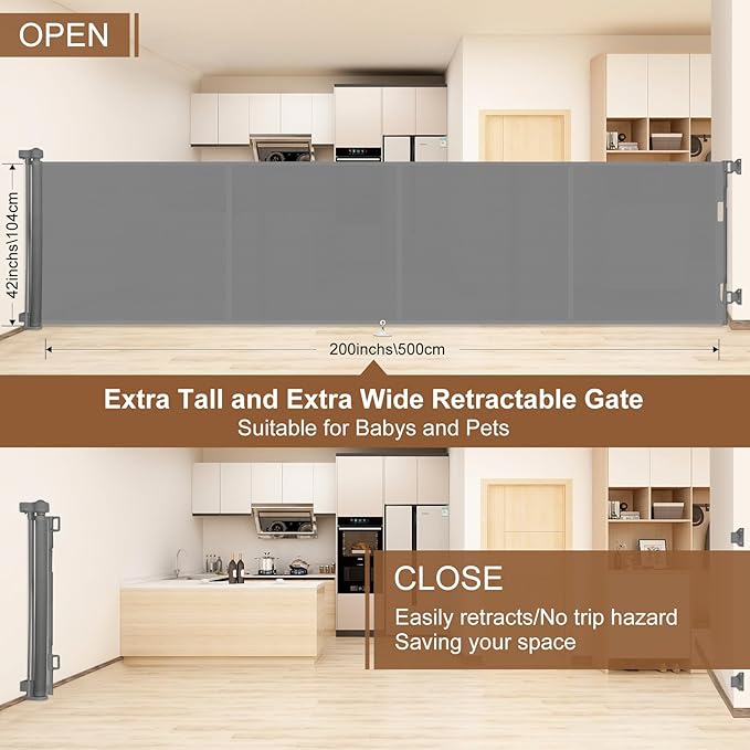 200 inch Retractable Baby Gates 42 inch Tall, Retractable Gate with Reinforced Strip Design to Prevent Crawling Through, 16 FT Outdoor Retractable Gates, Extra Wide Retractable Gate for Garage