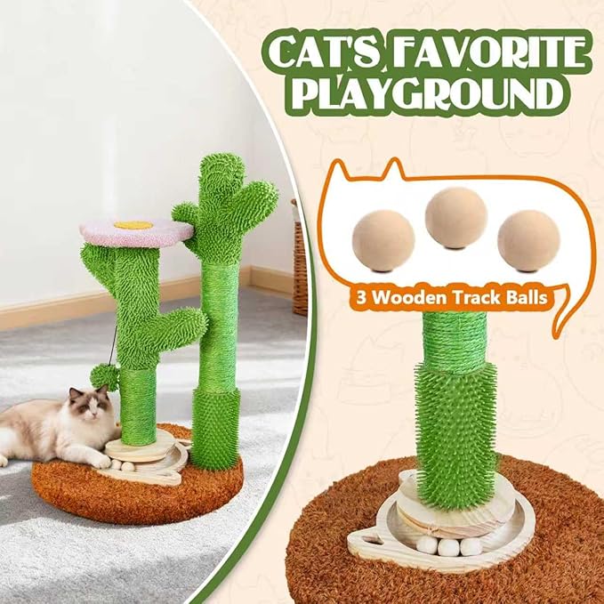 2026 New DIY 9+ Installation Styles Cactus Cat Scratching Post with Self-Grooming Brush and Ball Toy | Modular Sisal Cat Scratching Post for Indoor Cats and Kittens, Customizable Cat Furniture