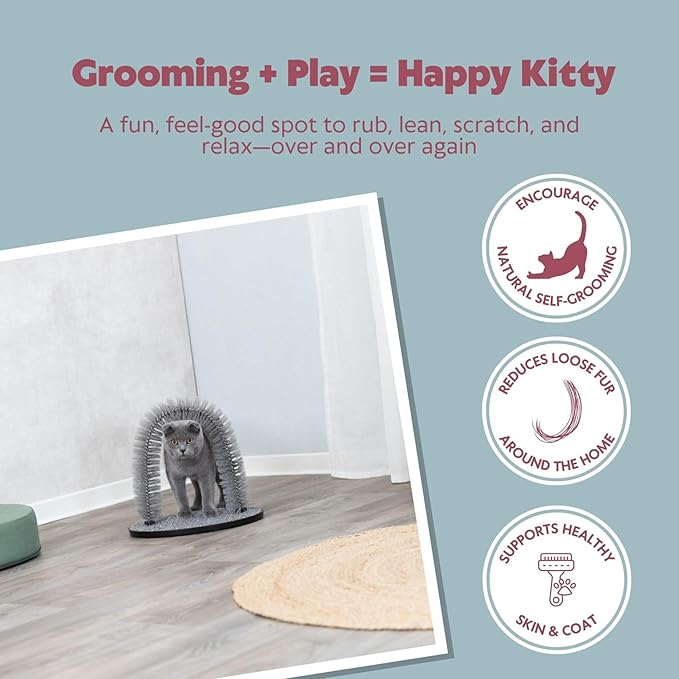 Trixie Cat Massager and Self Grooming Arch, Bristle Ring Brush, Carpet Base Scratcher, Cat Self Groomer, Gray, Small