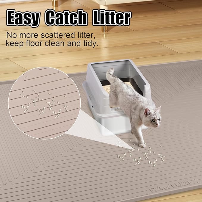 Silicone Cat Litter Mat, 50" x 36" Extra Large Litter Trapping Mat for Litter Box, Leak-Proof, Non-Slip, Kitty Litter Mats with Soft Texture for Floor, Keeping The Floor Clean (Khaki)