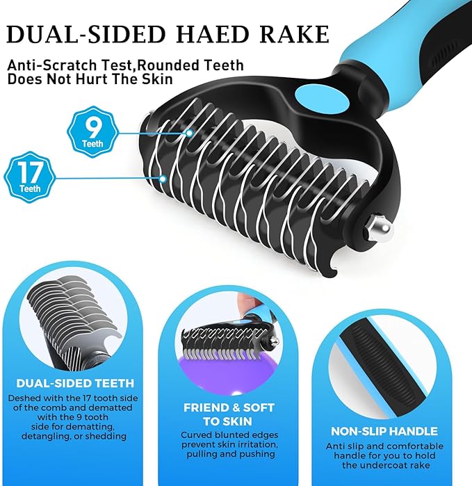 3PC Dog Brush Kit - Self-Cleaning Slicker Brush with Bath Brush & Undercoat Rake | Deshedding Tools for Large - Small Dogs & Cats, Professional Pet Grooming Set for Heavy Shedding, Blue