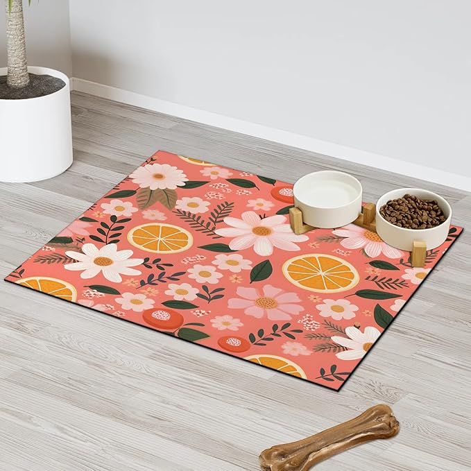 Orange Fruit Dog Food Mat for Floors Absorbent Dog Bowl Mat for Food and Water Dispenser Quick Dry Cat Food Placemat Pet Supplies 16" x 24", Flower