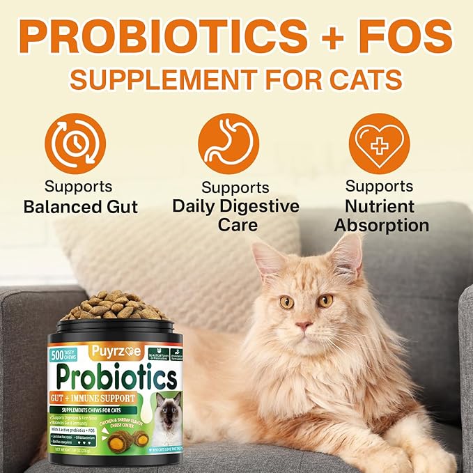 Cat Probiotics + Multivitamin– 500 Chews Crunchy & Creamy Cheese Core with 8-in-1 Support for Immune - Skin & Coat, Digestion, Heart, Bone, and Brain Health for All Cats