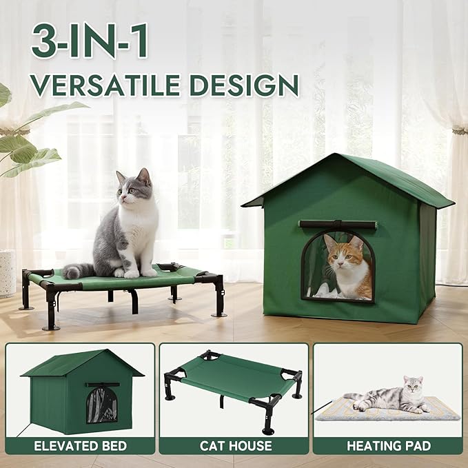 XLarge Heated Cat House for Outside, 3-in-1 Weatherproof Outdoor Cat Houses 100% Weatherproof, Safe Escape Door Cat Shelter with Heater for Feral Barn Cat Kitty-31.1" L*25.6" W*27.9" H