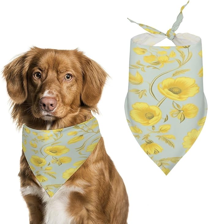 Dog Bandana Spring Pet Scarf Adjustable Triangle Yellow Flower Printing Dog Bib Washable Polyester Puppy Bandana for Small Medium Large Dogs Cat Birthday Party Supplies