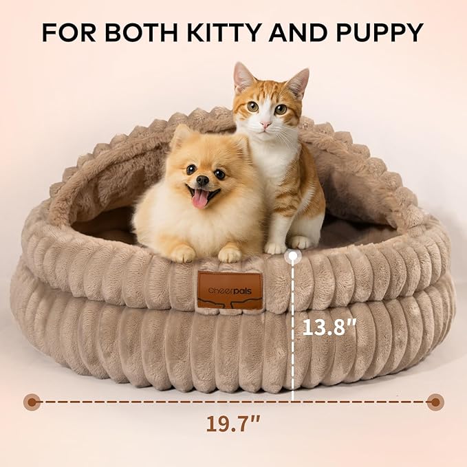 CHEERPALS Cat Cave Bed for Indoor Cats, Washable Covered Cat Bed Hooded Kitty Bed Soft Fluffy Pet Bed for Puppy and Small Dog(Khaki)