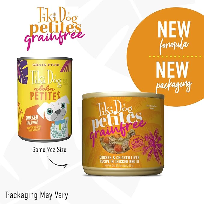 Tiki Dog Petites Grain Free, Chicken with Chicken Liver, Heart & Gizzard, Nutrient Dense Meat, for All Dog Breeds and All Life Stages, 9 oz. Can (8 Count)